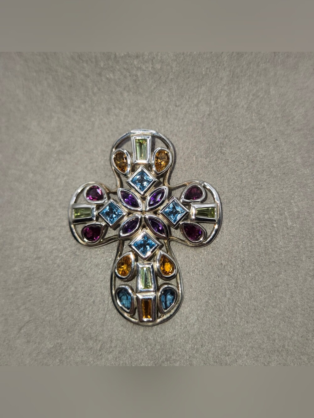 Multicolor Gemstone Cross Pendant in Sterling Silver